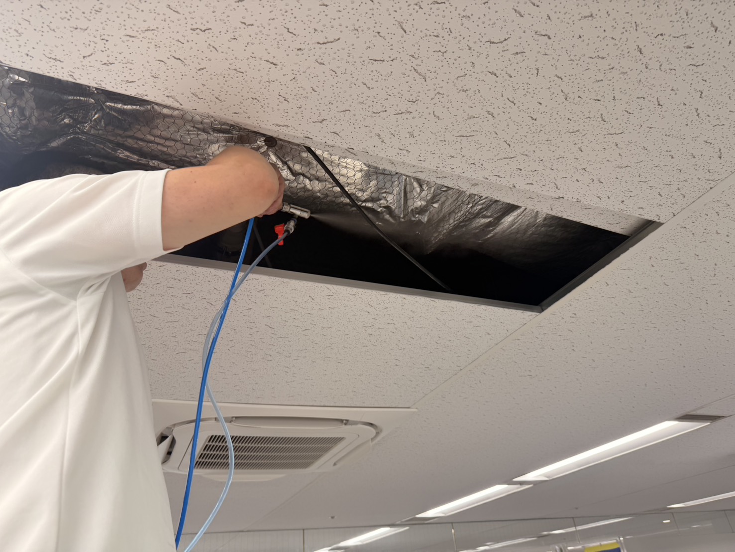 天井内の除菌消臭噴霧作業